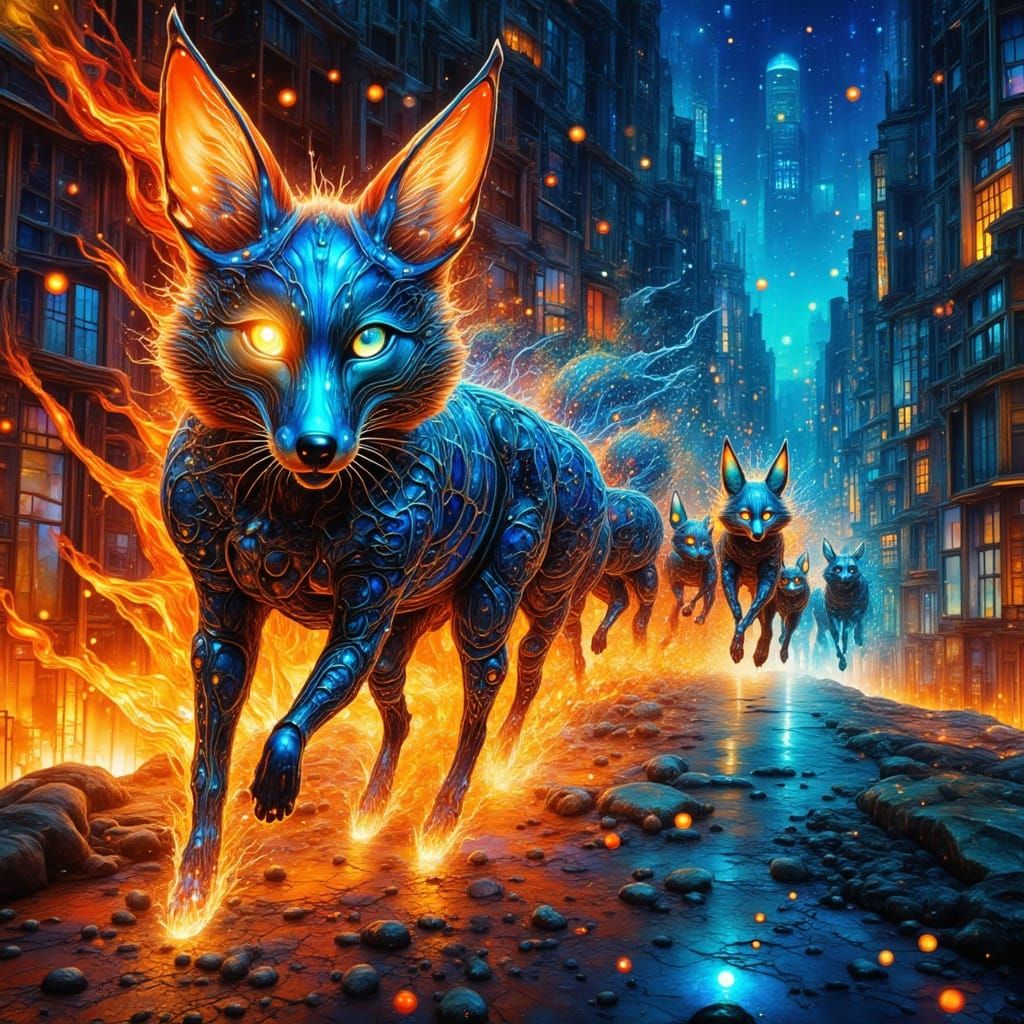 Neon Foxes Sprinting Through Cyberpunk City
