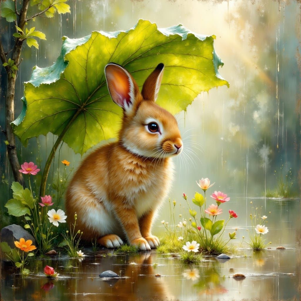 Rabbit Sheltering from Rain: Hyperdetailed Oil Painting