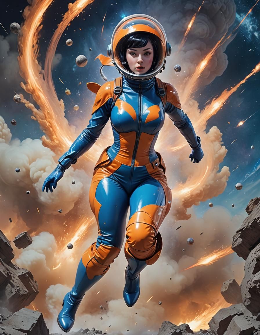 A spacewoman gloss orange & blue spacesuit