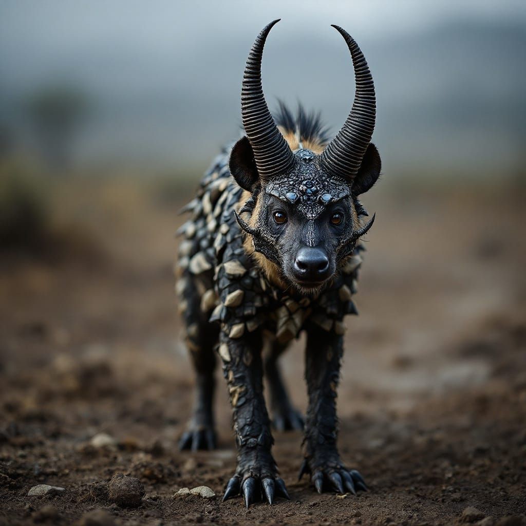 Dark Hyena Formed with Scarab Shell and Horns in a Nature Do...