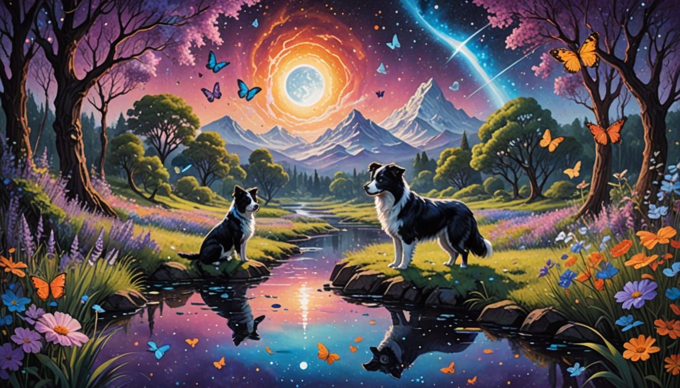 Vibrant Border Collies in Enchanted Landscape with Butterfli...