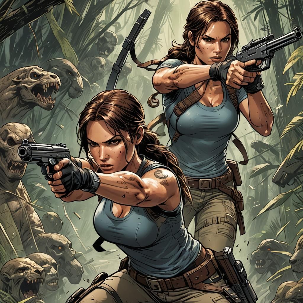 Lara Croft Aims Guns in Comic Book Art Style