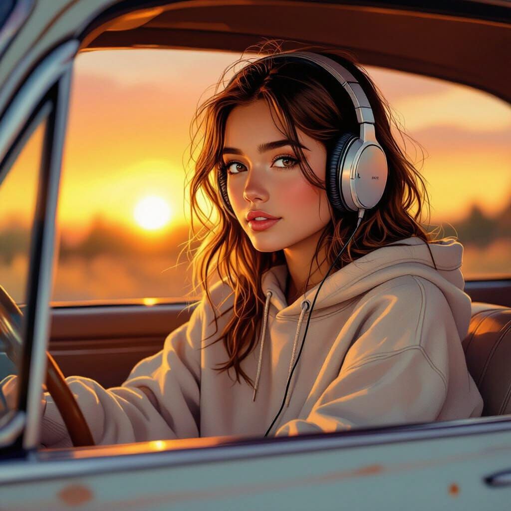 Teenage Girl in Vintage Car at Sunset, Golden Light