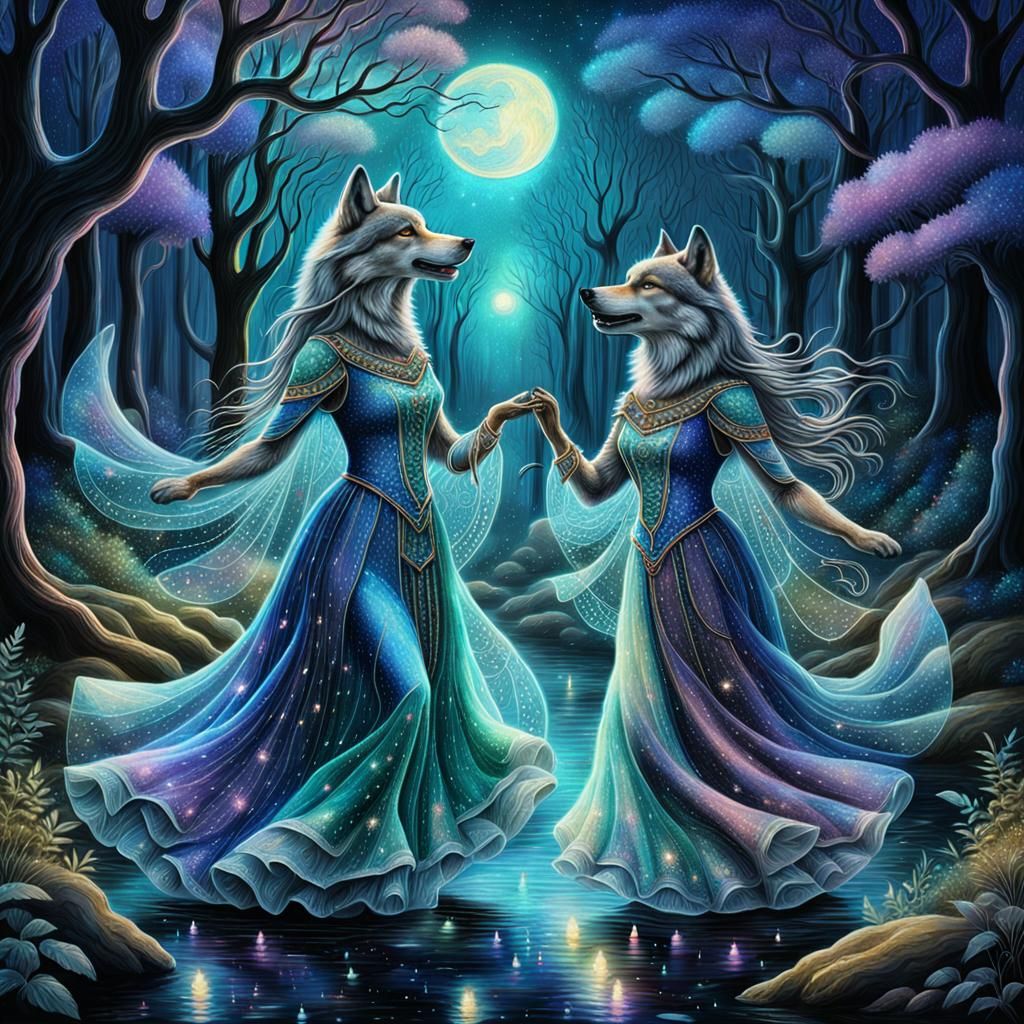 Wolves Dancing in a Glittering Forest, Astral Illustration