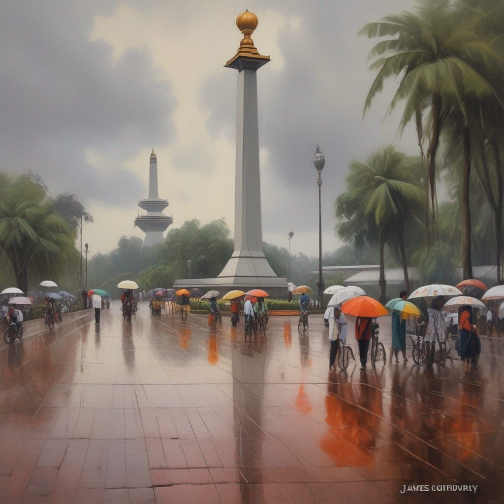 Monas in Jakarta: Rainy Afternoon Oil Painting
