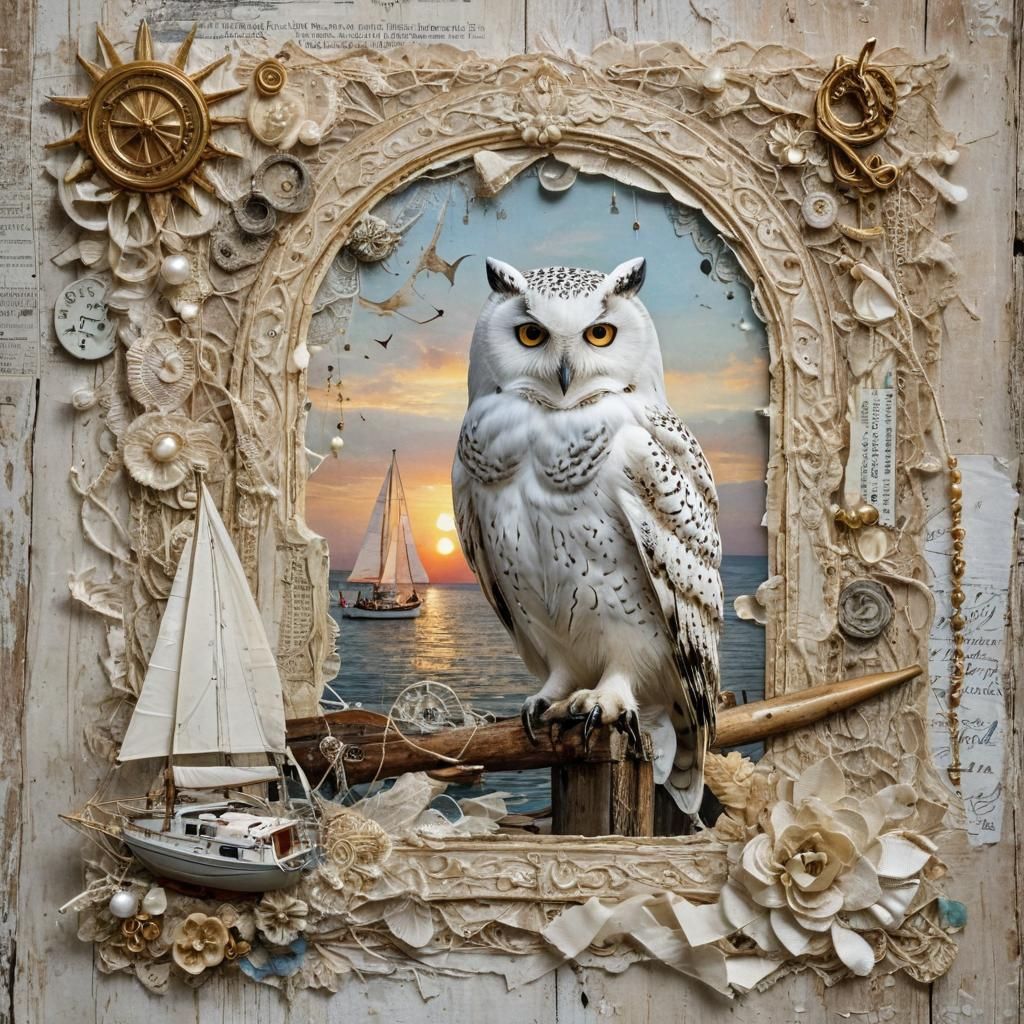 Whimsical Sunrise Collage with Owl and Sailboats