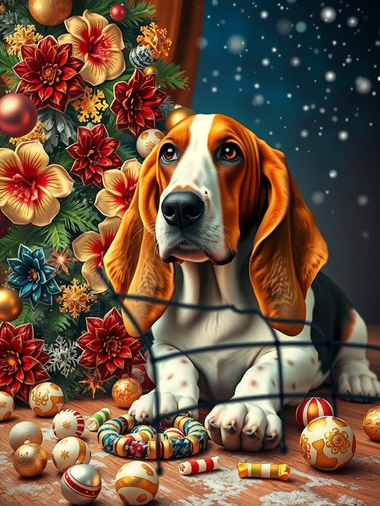 Regal Basset Hound in Klimt Style with Christmas Decor