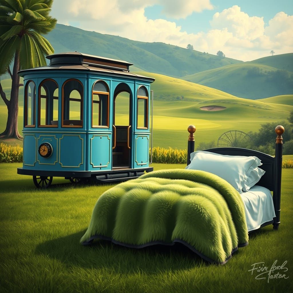 Vintage Light Blue Street Car Trolley in a Whimsical Golf Co...