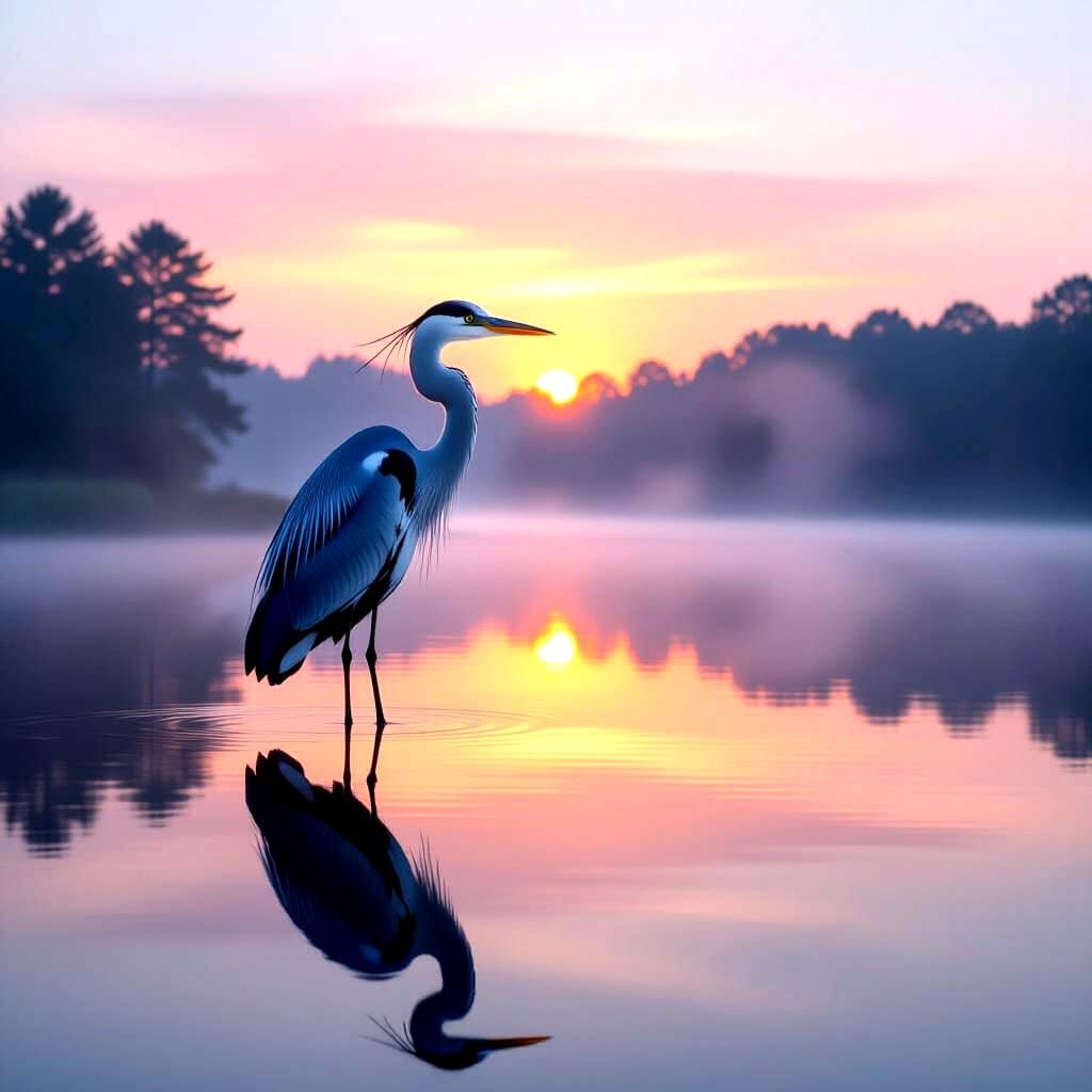 Sunrise Lake Heron in Hyperrealistic Style