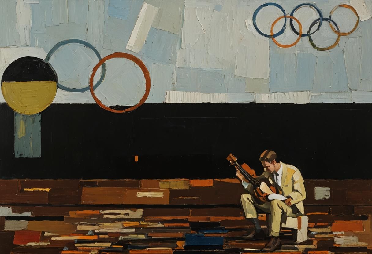 Musician in Modernist Room: De Stael Oil Painting