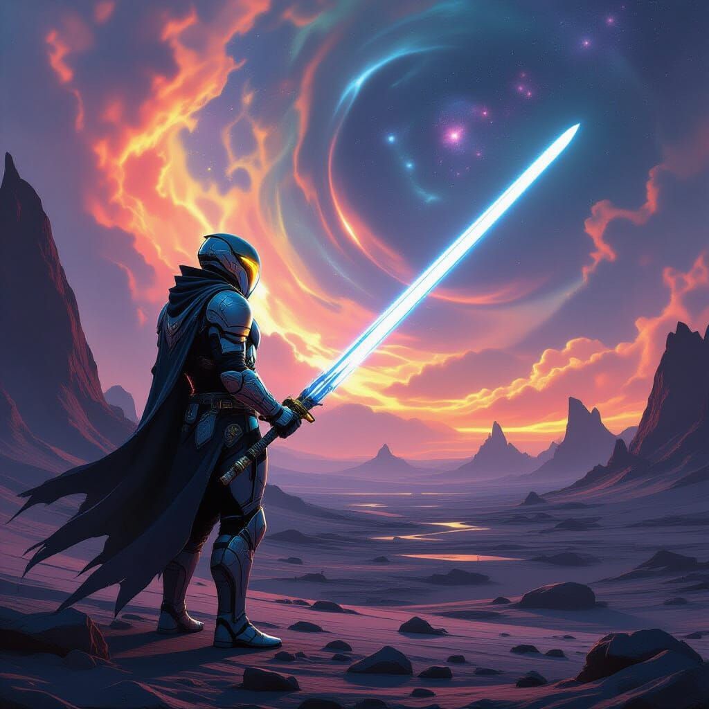 Futuristic Warrior on Alien Planet with Laser Sword