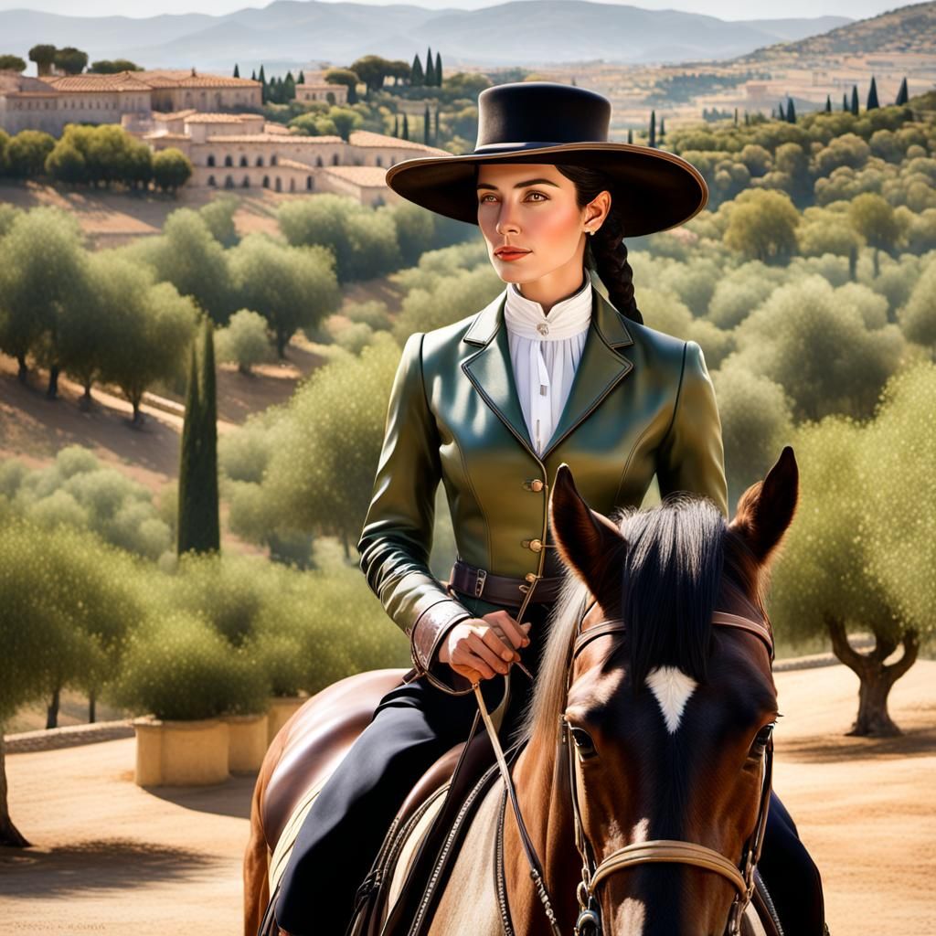 Andalusian Woman on Horseback: Hyperrealistic Gouache Portra...