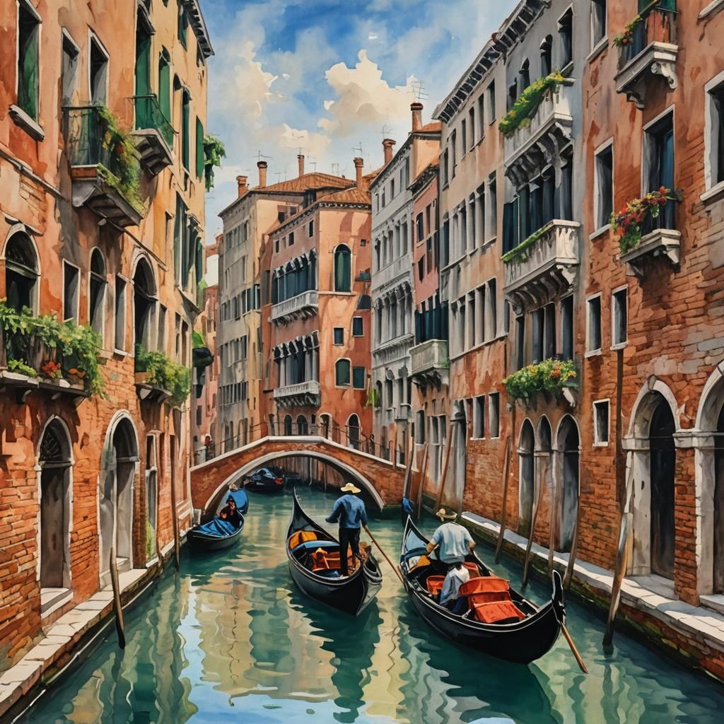 Venice Canal Scene in Gouache Watercolor Style