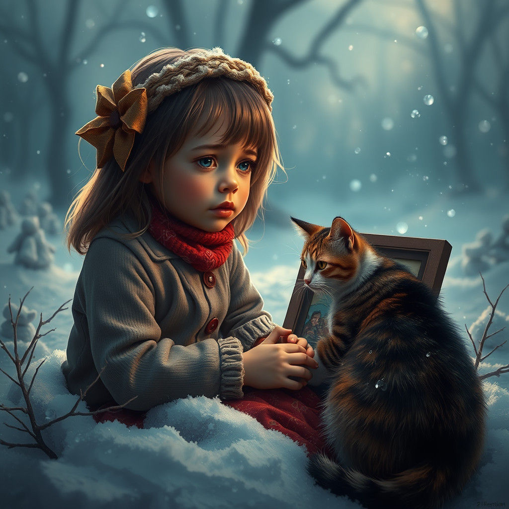 Sad Girl with Cat in Snowy Scene
