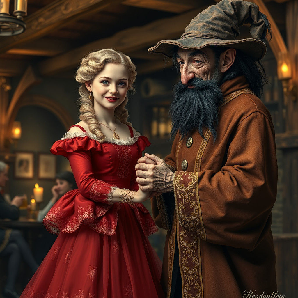 Victorian Woman and Conjurer in Tavern, Fantasy Realism