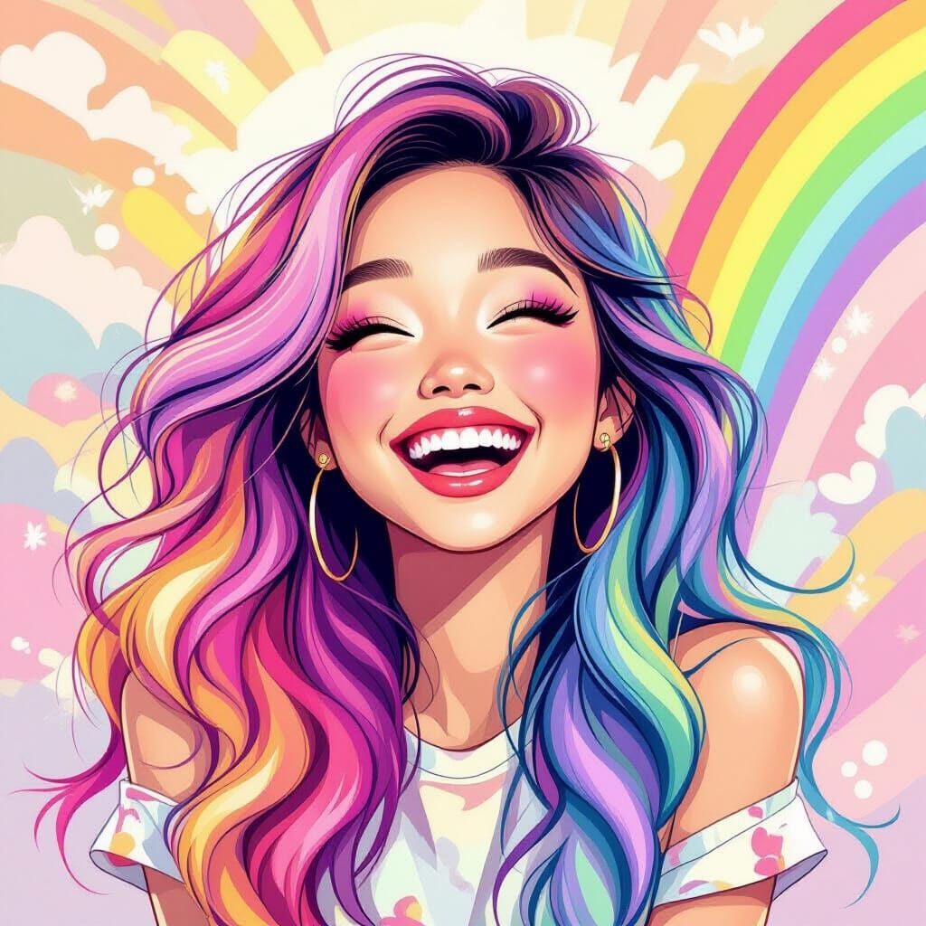 Rainbow Hair Girl in Playful Cartoon Style
