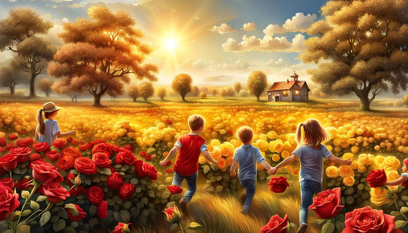 Children Playing in Sunny Field with Roses