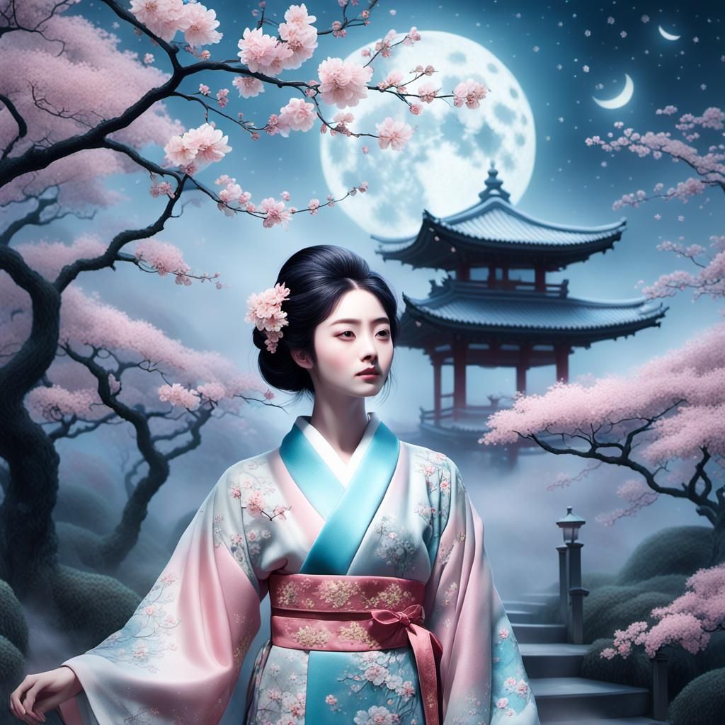 Woman in Kimono in Moonlit Garden, Art Nouveau Style