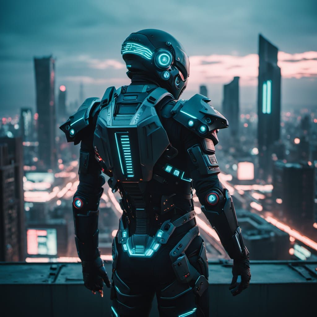 Cyberpunk Warrior in Neon-Lit Dystopian Skyscraper