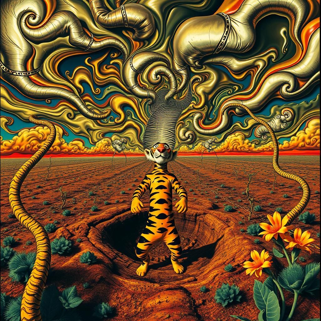 Surreal Landscape with Elastic Flora and Distorted Figure