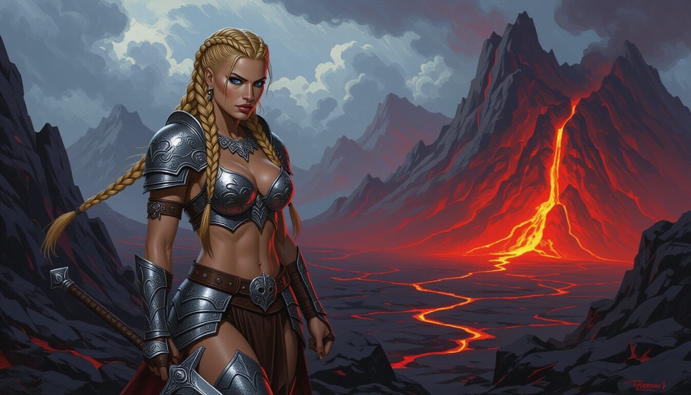 Barbarian Queen Surveys Lava Wasteland in Dark Fantasy Art