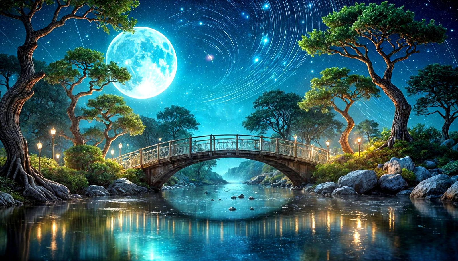 Ethereal Galaxy Eclipse with Bonsai and Bridges