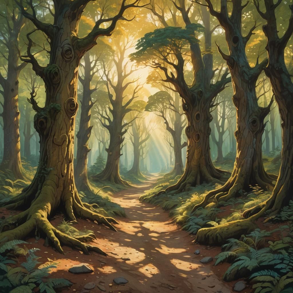 Sunlit Forest Path in Fantasy Illustration Style
