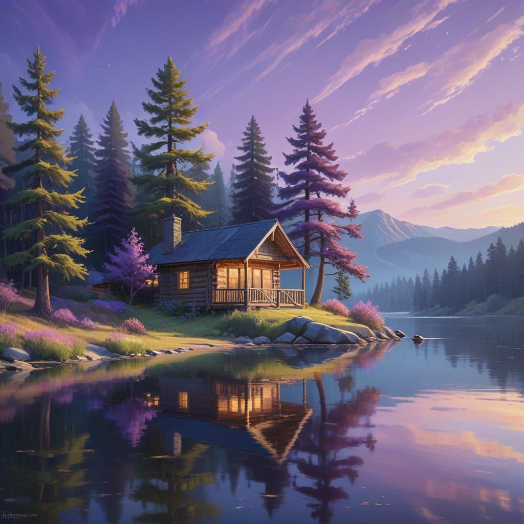 Cabin on Lake in Impressionist Style