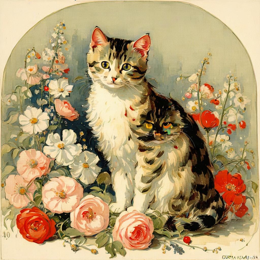 Cute Cat Surrounded by Flowers in Symbolism Style
