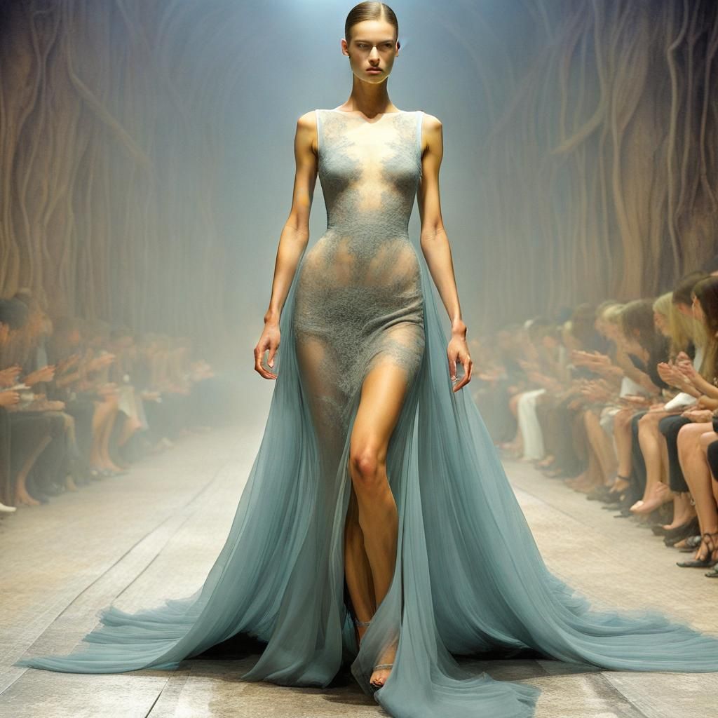 French model, beautiful walking down a fashion runway.