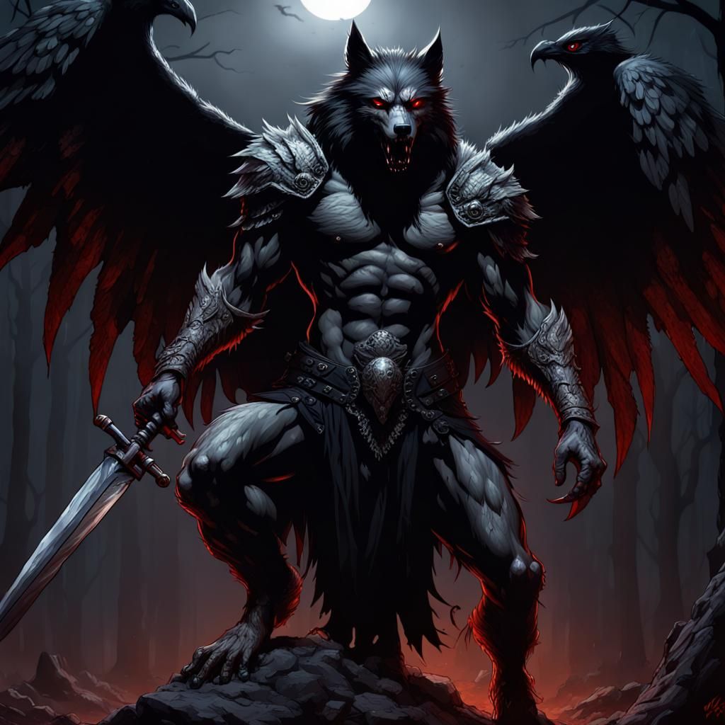 Bloody Armored Werewolf with Wings in Dark Fantasy
