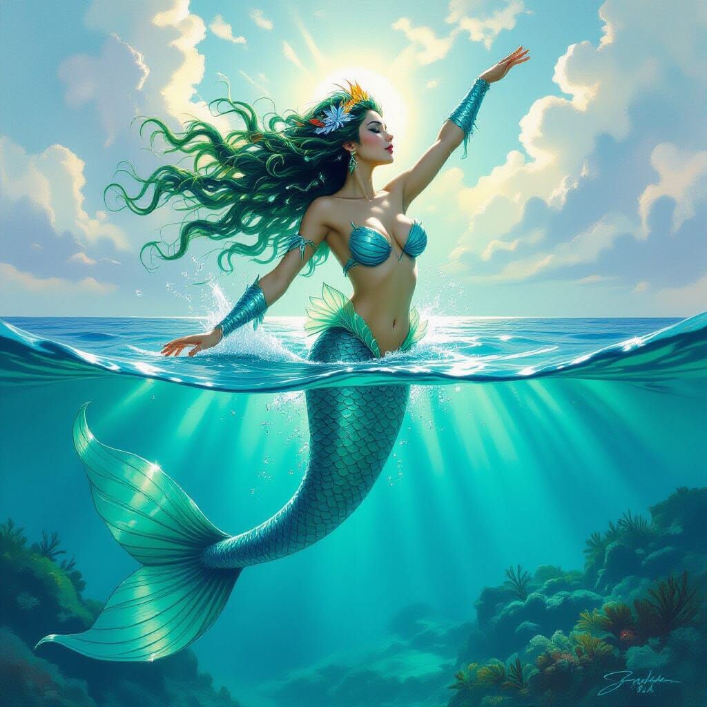 Mermaid Emerges from the Sea: Fantasy Oil Painting