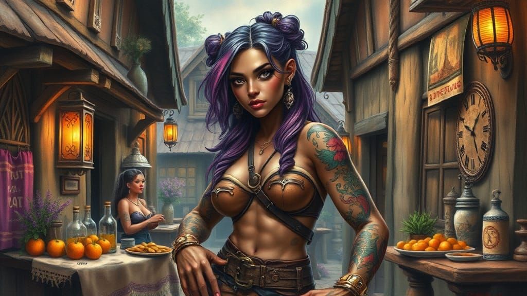 Fantasy Village Scene with Tattooed Bodybuilder in Art Deco ...