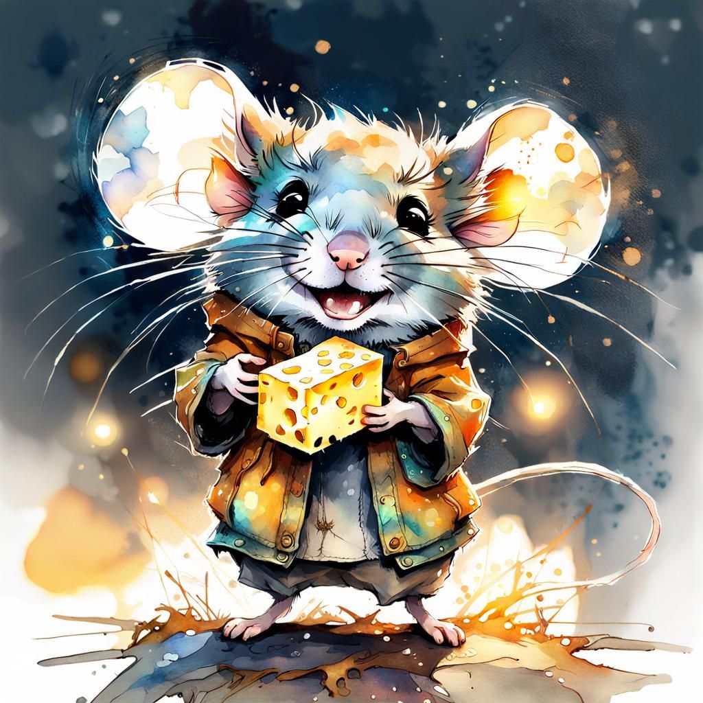 Cute Chibi Mouse with Cheese in Watercolor Landscape