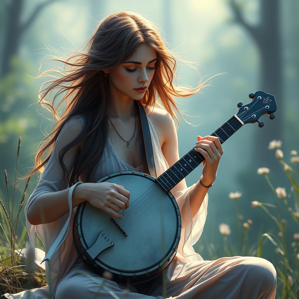 A Woman Plays Banjo in Enchanted Nature