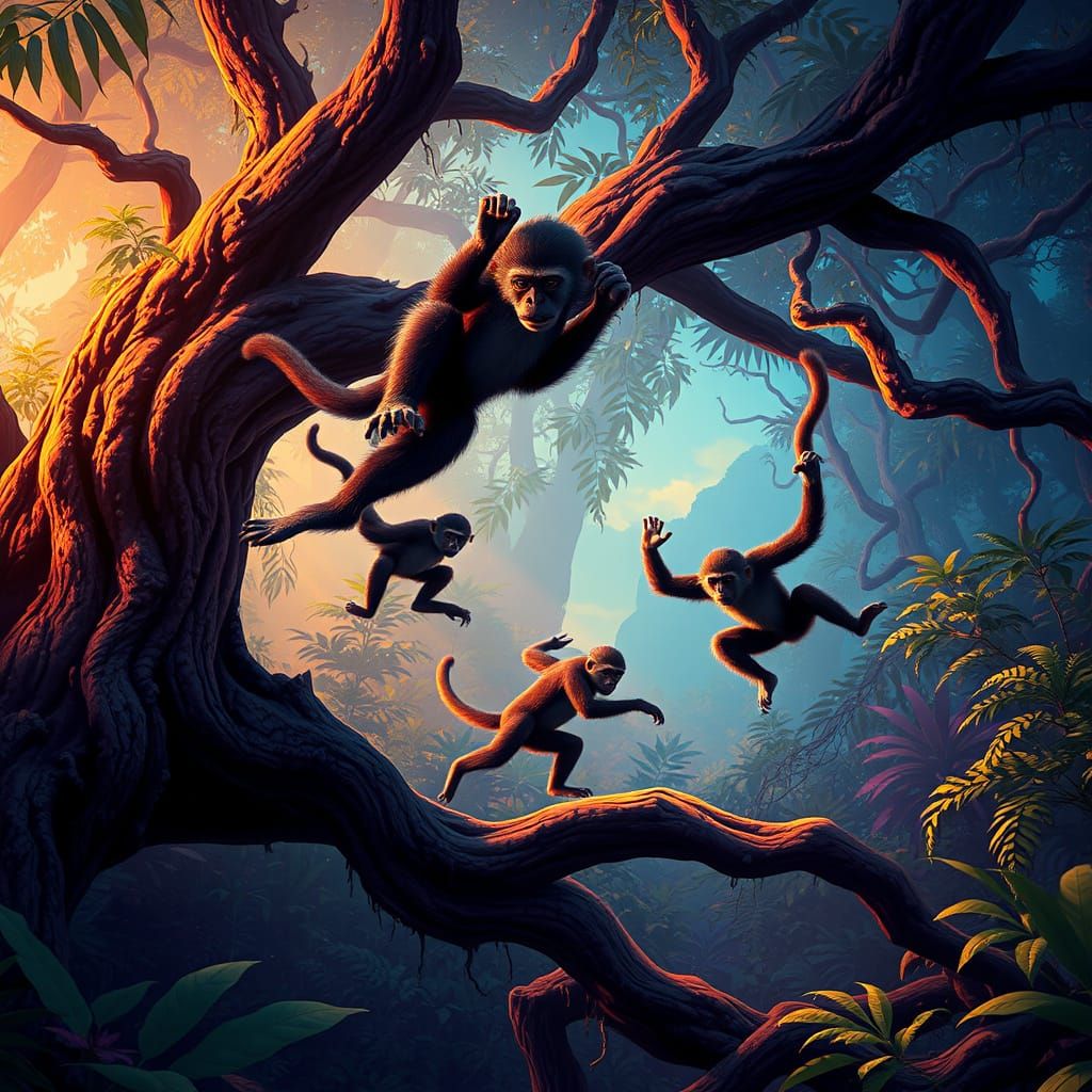 Monkeys in a Fantastical Jungle Paradise