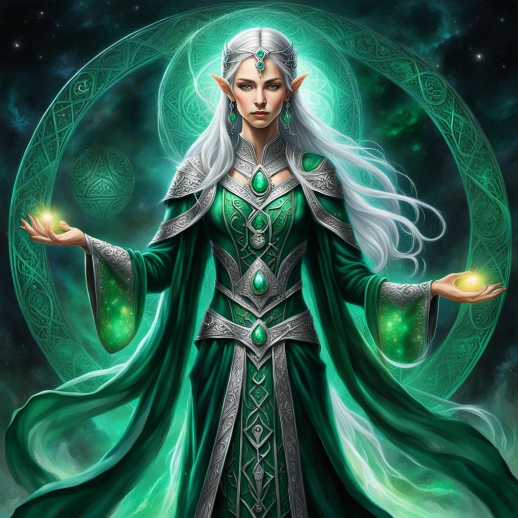 Enchanting Elven Sorceress Painting with Emerald Magic