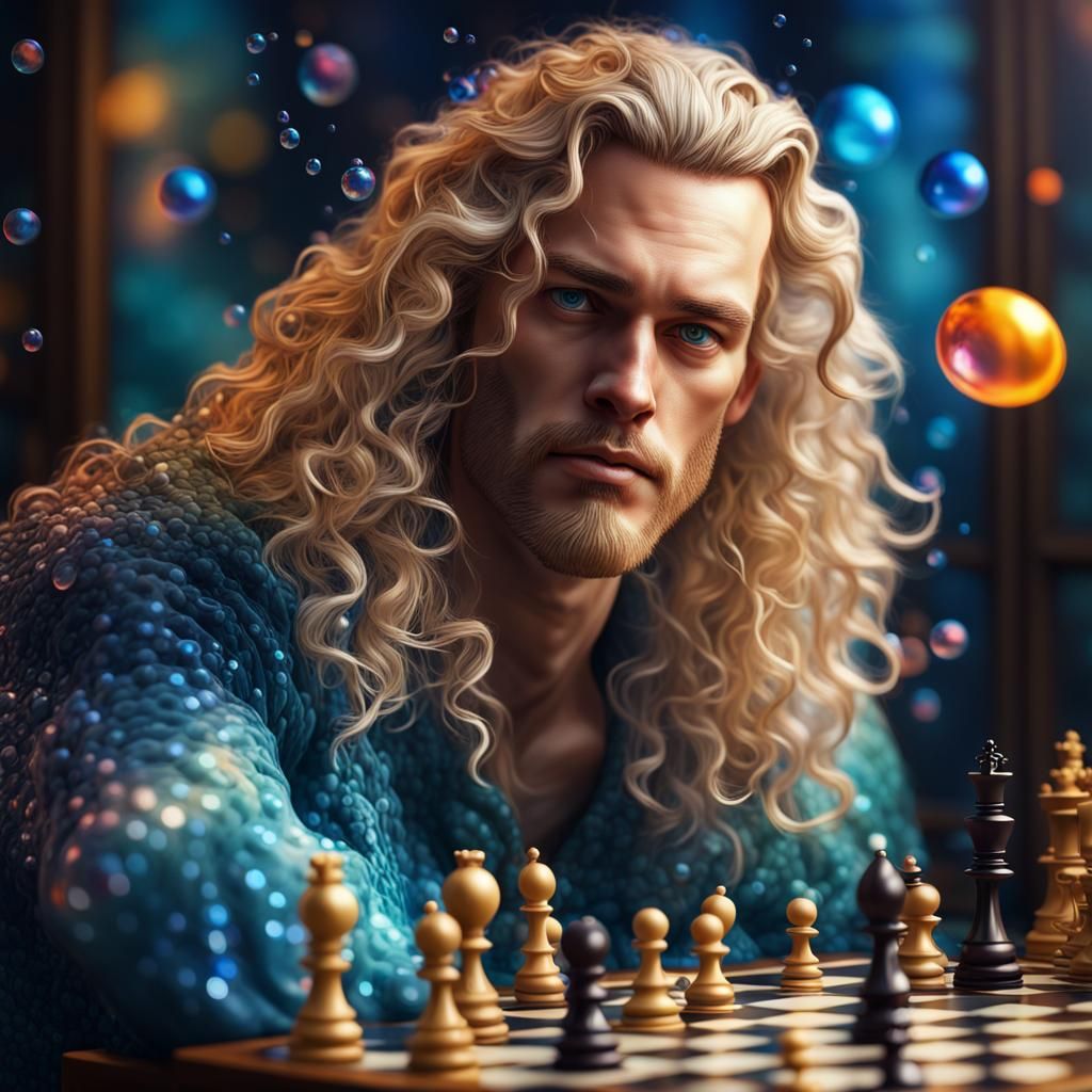 Hyperreal Merman Playing Chess with Iridescent Bubbles