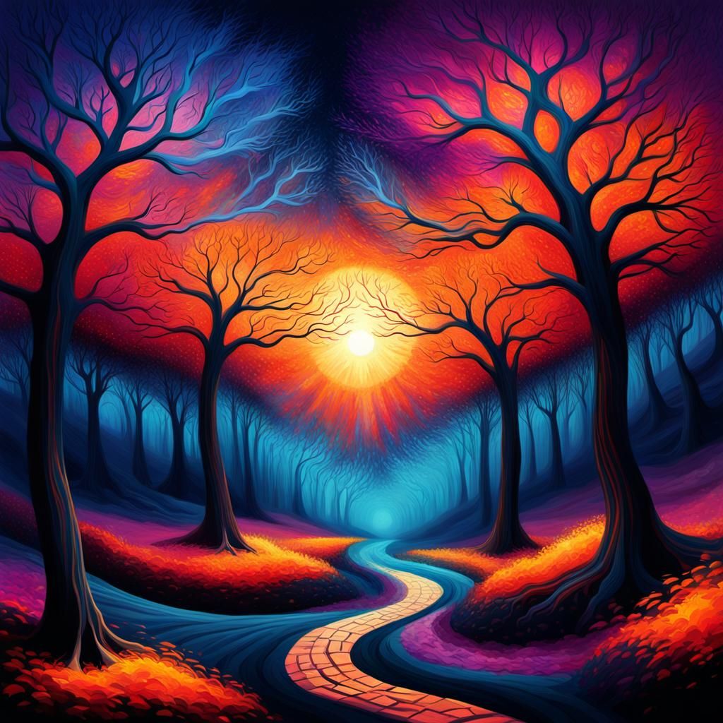 Stylized Landscape Painting with Winding Path and Sun