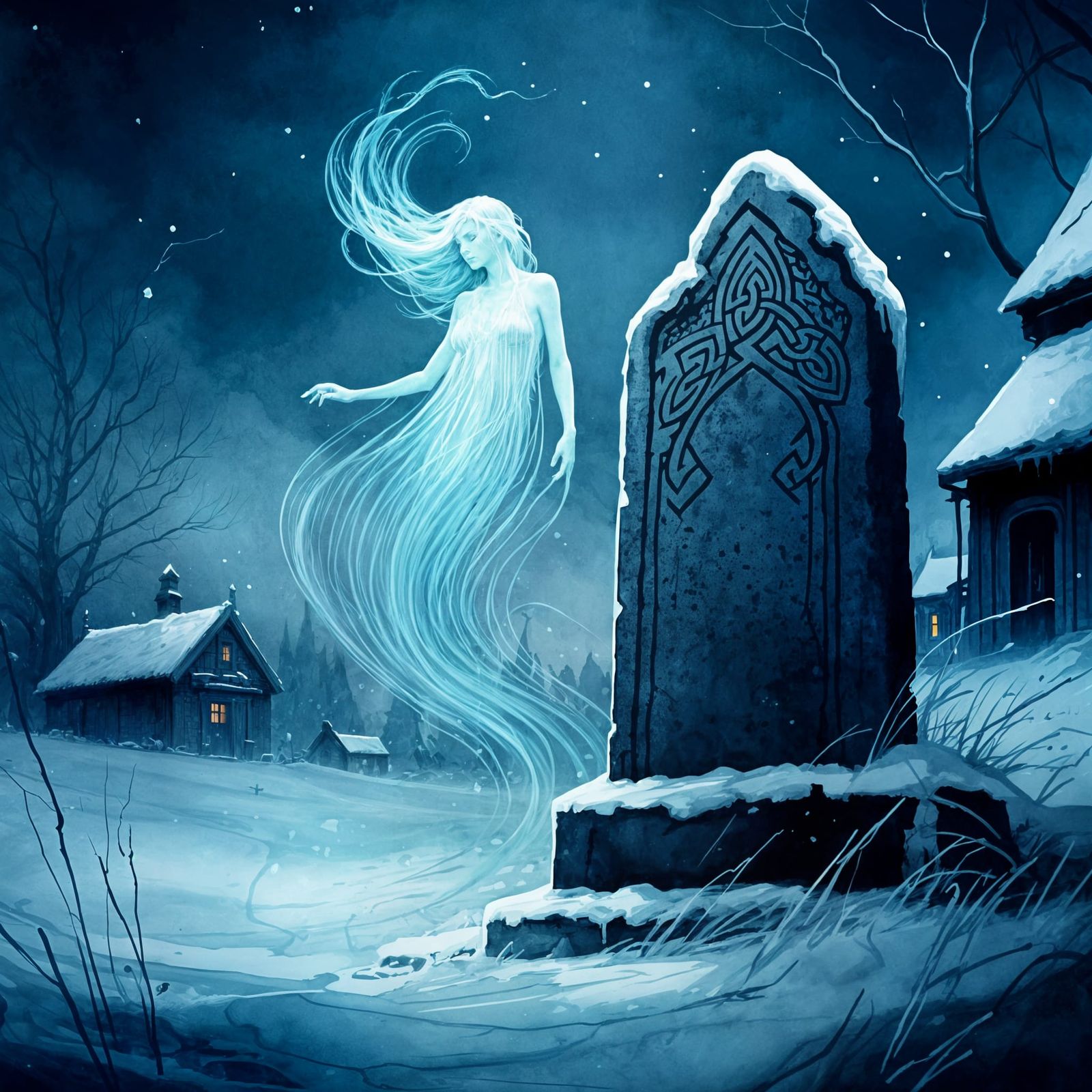 Spirit Swirls Around Frozen Norse Grave: Ink Drawing