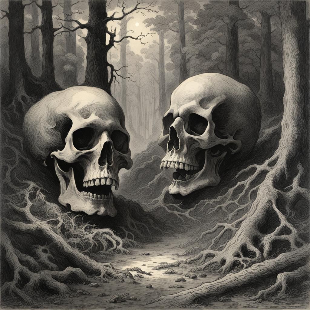Skulls in Forest: Gothic Horror Illustration