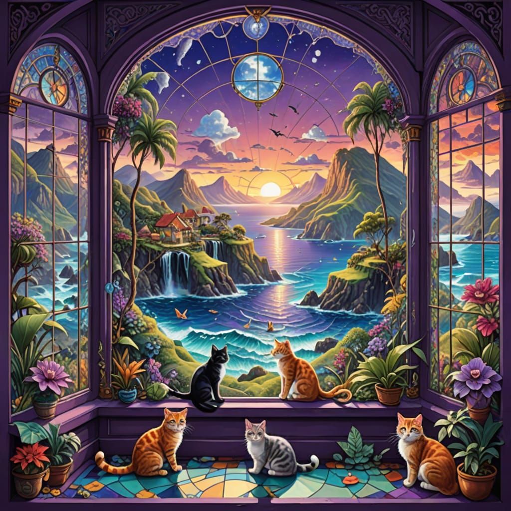 Whimsical Feline Paradise Through Ornate Glass