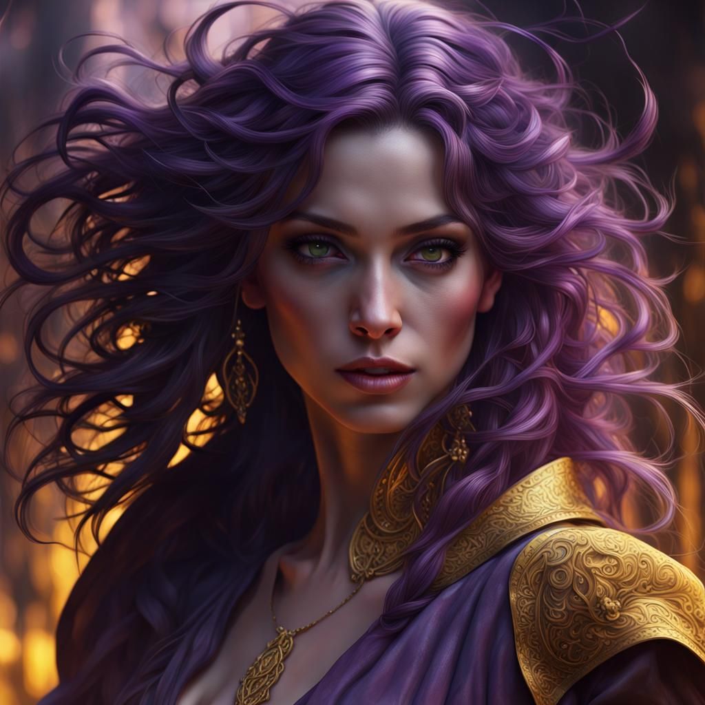 Energetic Curly Haired Woman: Dark Fantasy Art