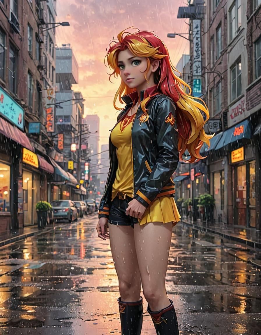 Sunset Shimmer in Rainy Anime Cityscape