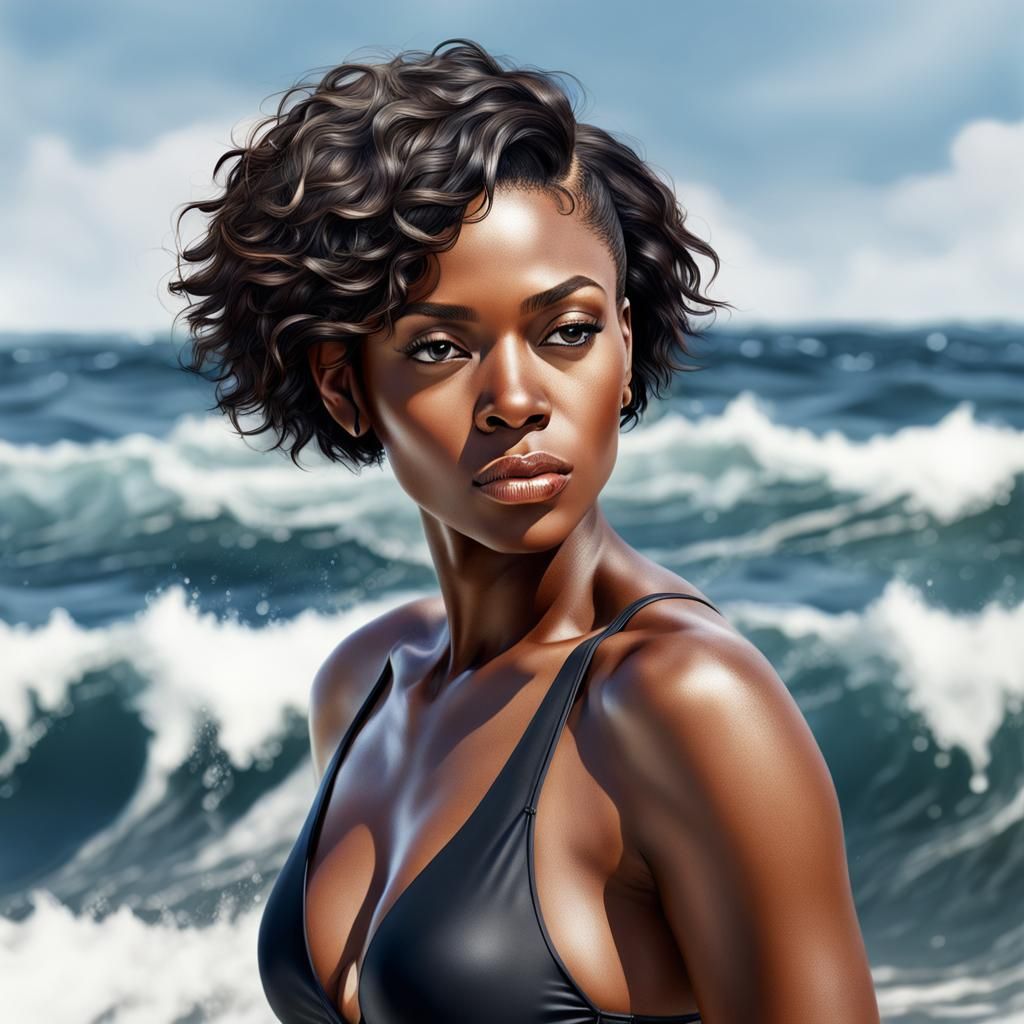 Beautiful Woman Portrait with Short Hair by the Sea