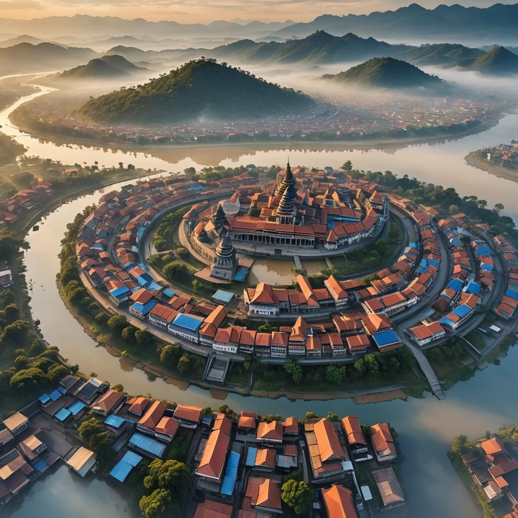 Ancient Muara Takus City Aerial View in Romantic Style