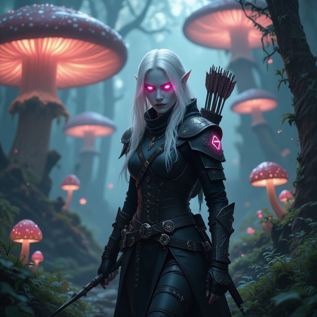 Albino Drow Hunter in Bioluminescent Mushroom Forest