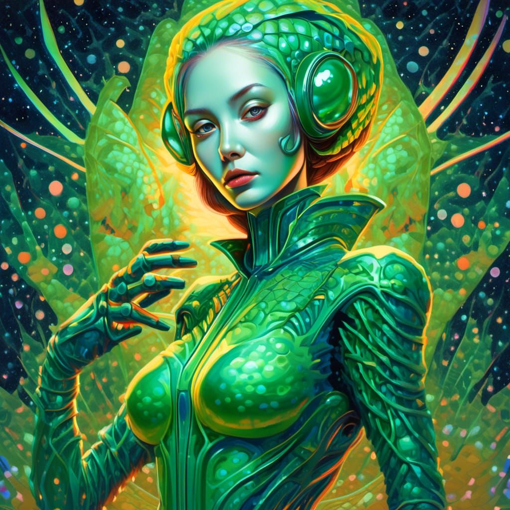 Futuristic Fish Alien Woman in Starry Night
