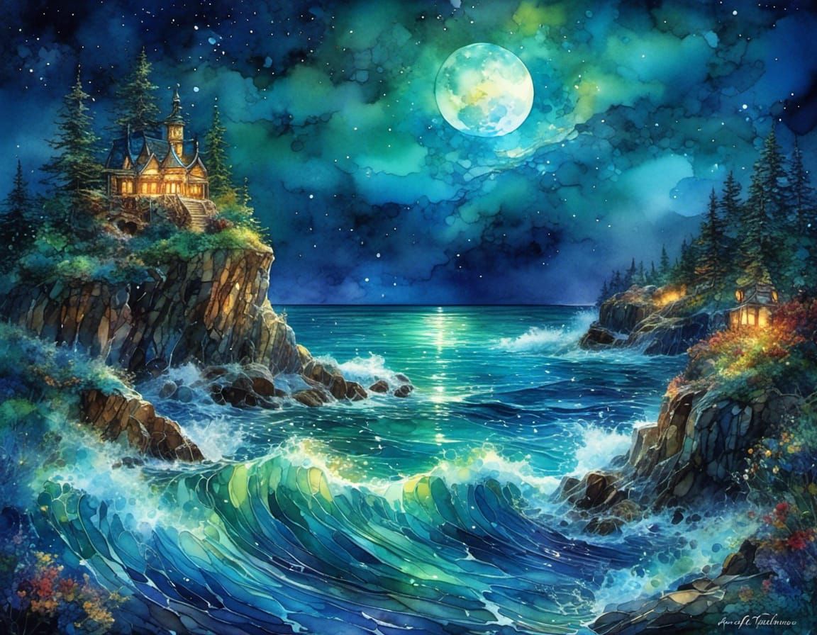 Magical Ocean View at Night with Aurora Borealis