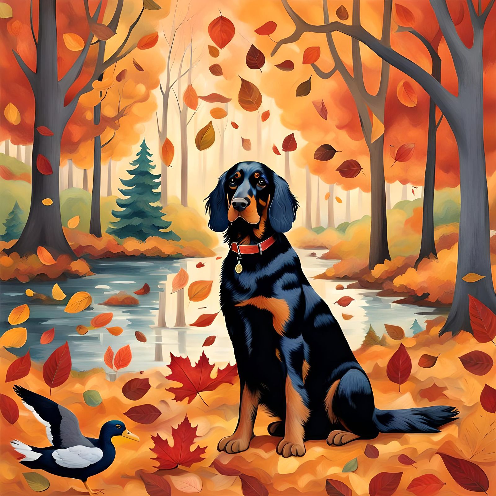 Gordon Setter and Duck in Autumn, Beatrix Potter Style